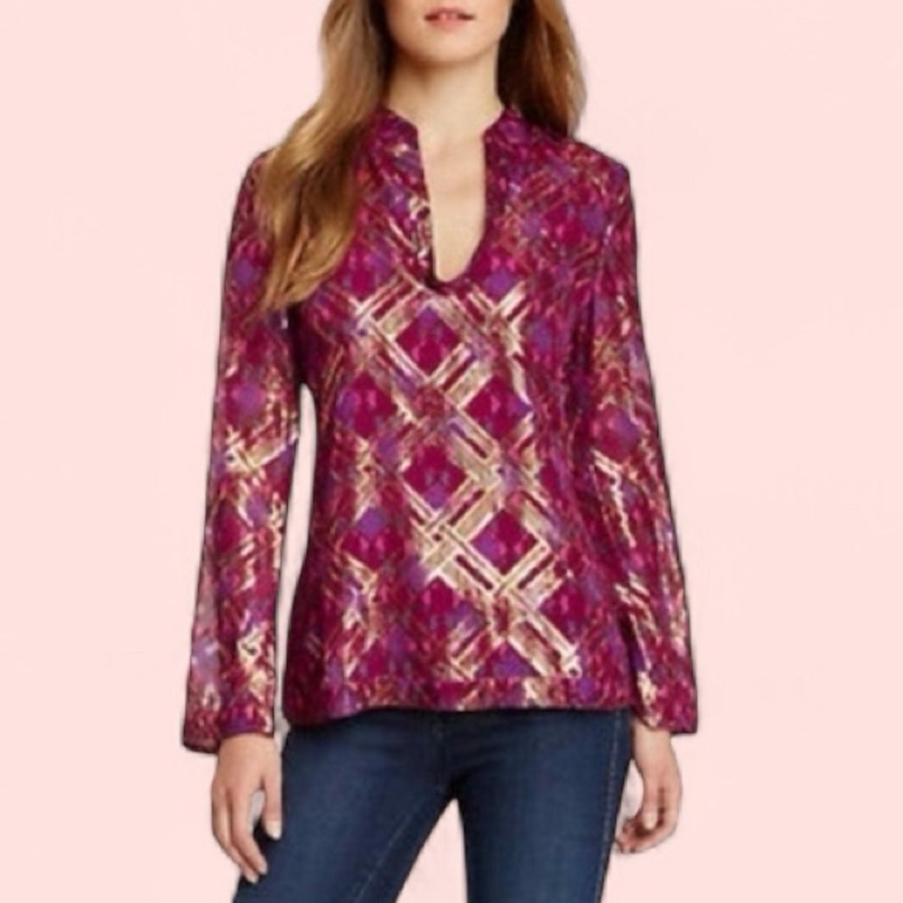 TORY BURCH Pink Hastings Gold Lame Plaid Silk Chiffon Stephanie Tunic Top